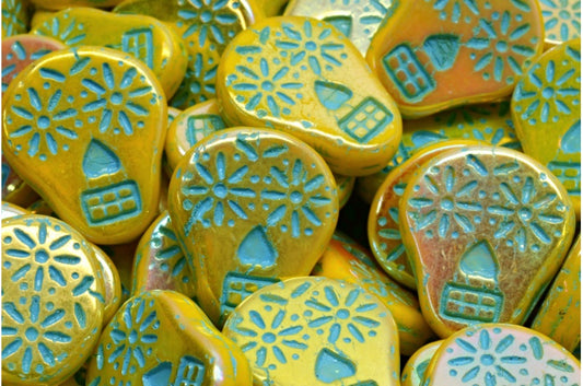 Sugar Skull Beads, Yellow Ab Full (2X Side) Light Blue Lined (83120-28703-54308), Glass, Czech Republic