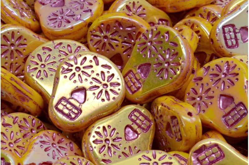 Sugar Skull Beads, Yellow Ab Full (2X Side) Pink Lined (83120-28703-54321), Glass, Czech Republic