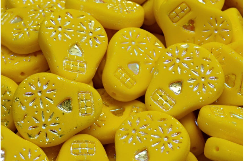 Sugar Skull Beads, Yellow Ab Full (2X Side) Matte (83120-28703-84100), Glass, Czech Republic