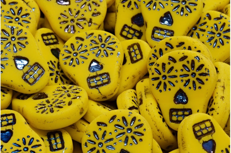Sugar Skull Beads, Yellow 29903 Matte (83120-29903-84100), Glass, Czech Republic