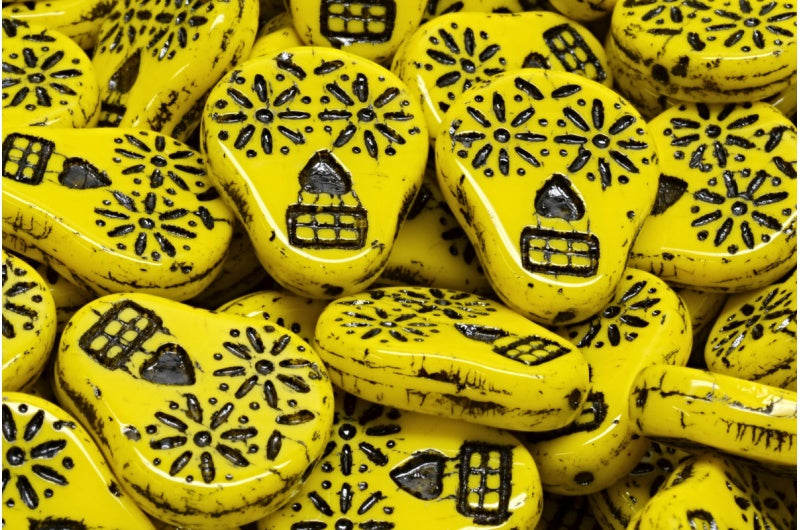 Sugar Skull Beads, Yellow 46449 (83120-46449), Glass, Czech Republic