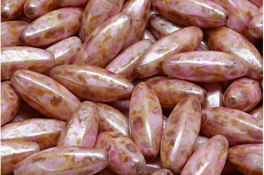 Peeled Olive beads, White Pink Beige Luster Spotted (02010-65323), Glass, Czech Republic