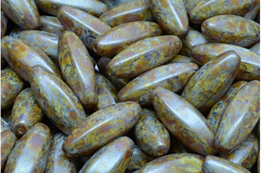 Peeled Olive beads, White Purple Brown Luster Spotted (02010-65329), Glass, Czech Republic