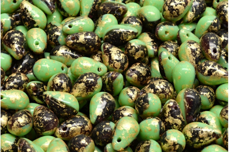 ドロップビーズ、不透明グリーン 20100 ゴールドスプラッシュ (53200-20100-94401)、ガラス、チェコ共和国