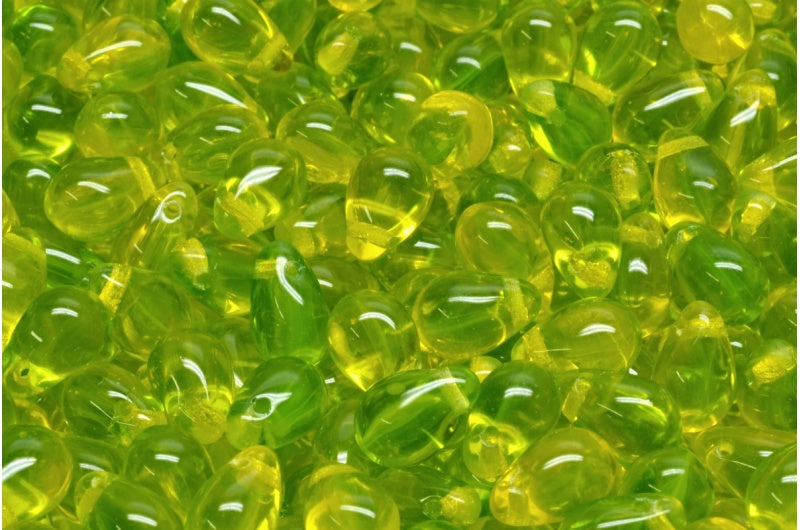 ドロップビーズ、透明イエロー、透明グリーン（80020-50220）、ガラス、チェコ共和国