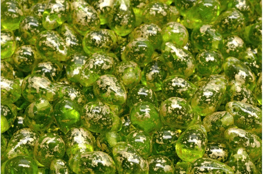 ドロップビーズ、透明グリーンゴールドスプラッシュ（50220-94401）、ガラス、チェコ共和国