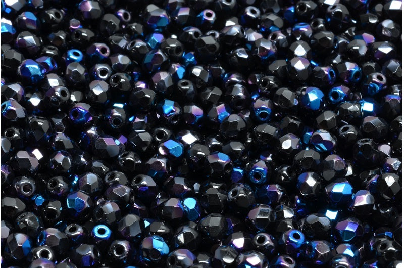 ファイアポリッシュファセットビーズラウンド、ブラック 23101 (23980-23101)、ボヘミアクリスタルガラス、チェコ共和国