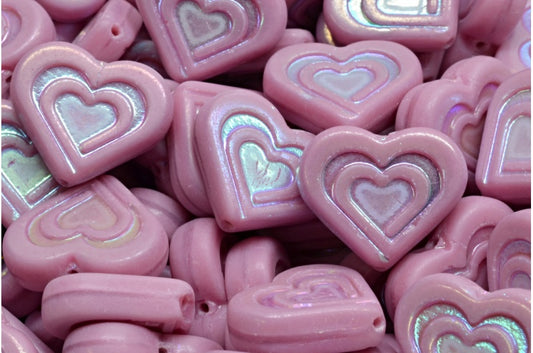 Heart In Heart Beads, Opaque Pink Ab Full (2X Side) Matte (74020-28703-84100), Glass, Czech Republic