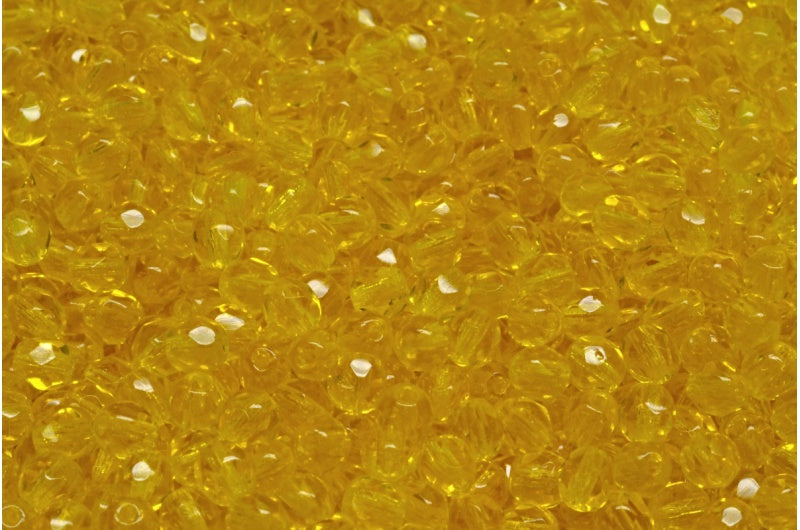 Faceted Fire Polished Round Beads, Transparent Yellow (80020), Glass, Czech Republic