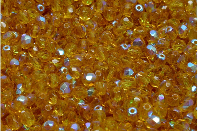 Fire Polished Faceted Beads Round, Transparent Light Topaz Yellow Ab (10020-28701), Bohemia Crystal Glass, Czech Republic