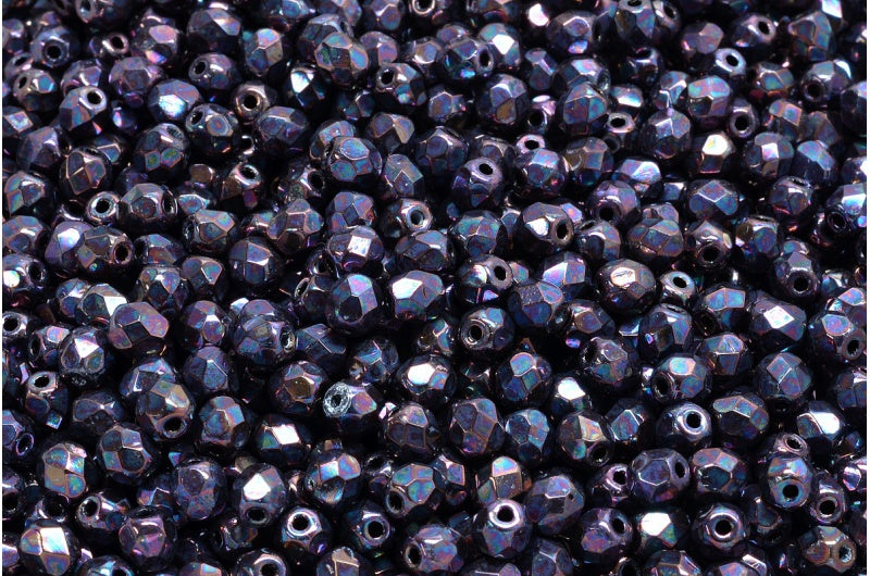 ファセット加工ラウンドビーズ、ブラックベガアイリス（23980-15781）、ボヘミアクリスタルガラス、チェコ共和国