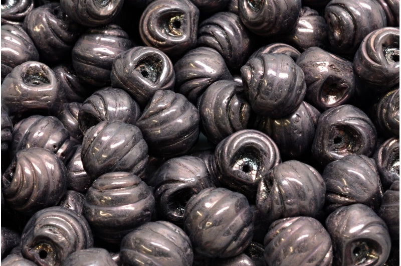 Grooved Mushroom Button Beads Black Purple (23980-15726), Glass, Czech Republic