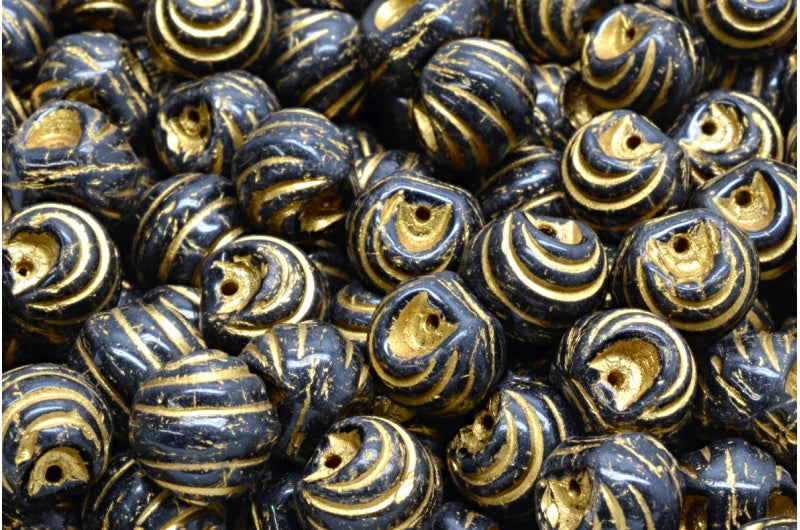 Grooved Mushroom Button Beads Black Gold Lined (23980-54302), Glass, Czech Republic