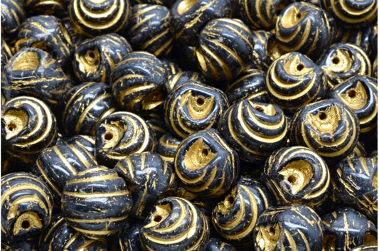 Grooved Mushroom Button Beads Black Gold Lined (23980-54302), Glass, Czech Republic