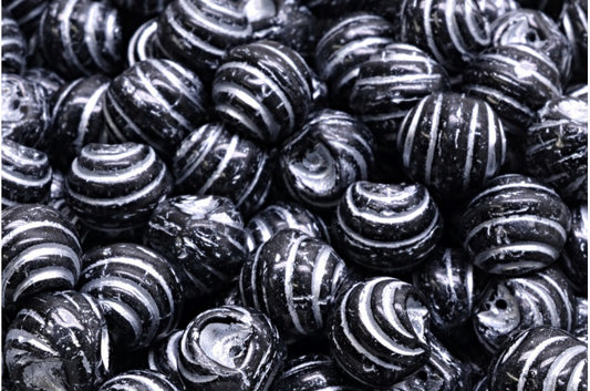 Grooved Mushroom Button Beads Black Silver Lined (23980-54301), Glass, Czech Republic