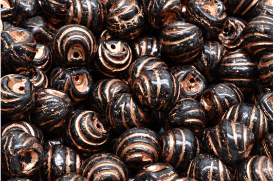 Grooved Mushroom Button Beads Black Copper Lined (23980-54318), Glass, Czech Republic