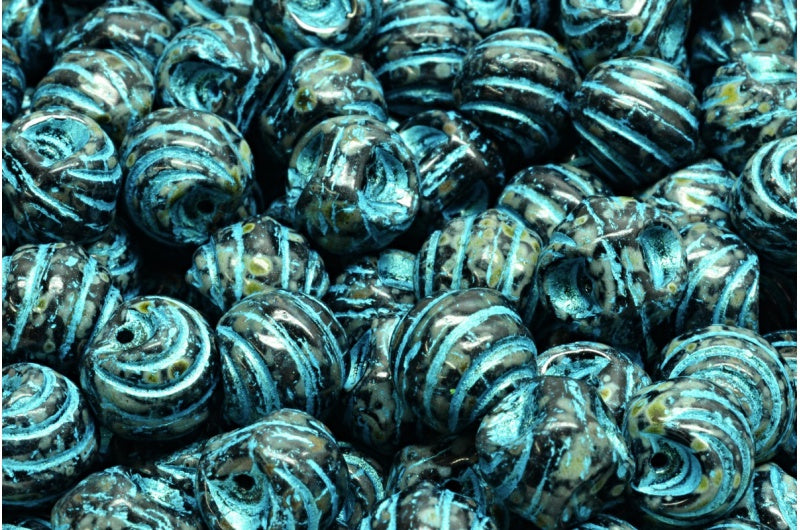 Grooved Mushroom Button Beads Black Travertin Light Blue Lined (23980-86800-43811), Glass, Czech Republic