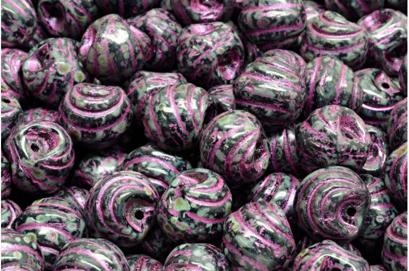 Grooved Mushroom Button Beads, Black Travertin Pink Lined (23980-86800-43807), Glass, Czech Republic