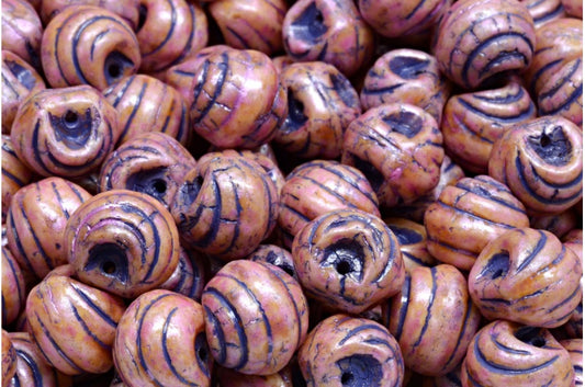 Grooved Mushroom Button Beads White Pink Beige Luster Spotted Blue Lined (02010-65323-54325), Glass, Czech Republic