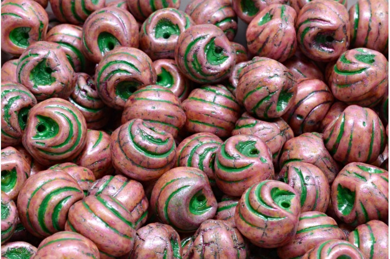 Grooved Mushroom Button Beads White Rose Luster Spotted Green Lined (02010-65327-54315), Glass, Czech Republic