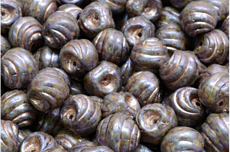 Grooved Mushroom Button Beads White Purple Brown Luster Spotted Copper Lined (02010-65329-54324), Glass, Czech Republic