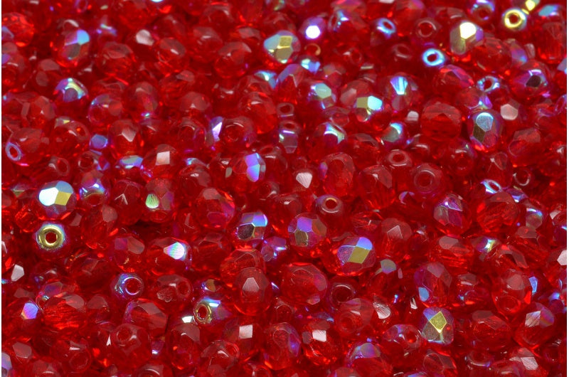 Fire Polished Faceted Beads Round, Ruby Red Ab (90080-28701), Bohemia Crystal Glass, Czech Republic