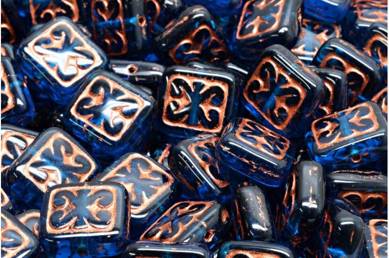 Ornamental Cushion Beads, Transparent Aqua Copper Lined (60080-54319), Glass, Czech Republic