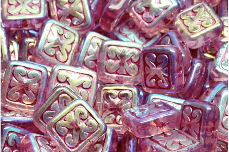 Ornamental Cushion Beads, Crystal Ab Full (2X Side) Pink Lined (00030-28703-54321), Glass, Czech Republic