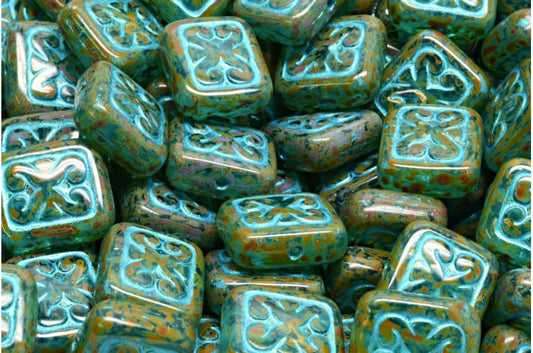 Ornamental Cushion Beads, Transparent Aqua Travertin 43811 (60020-86800-43811), Glass, Czech Republic