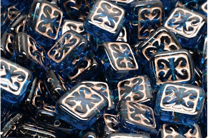 Ornamental Cushion Beads, Transparent Aqua Copper Lined (60080-54324), Glass, Czech Republic