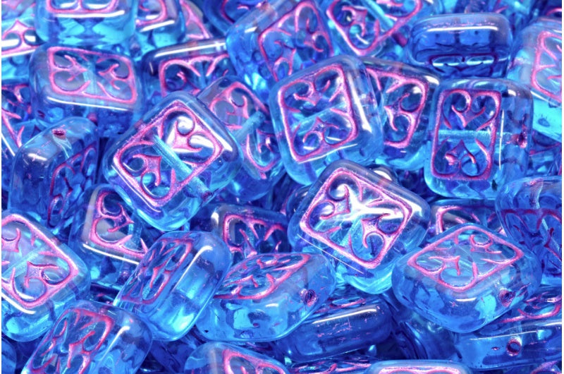 Ornamental Cushion Beads, Transparent Aqua 43807 (60020-43807), Glass, Czech Republic
