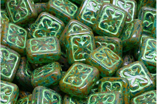 Ornamental Cushion Beads, Transparent Aqua Travertin 43813 (60020-86800-43813), Glass, Czech Republic
