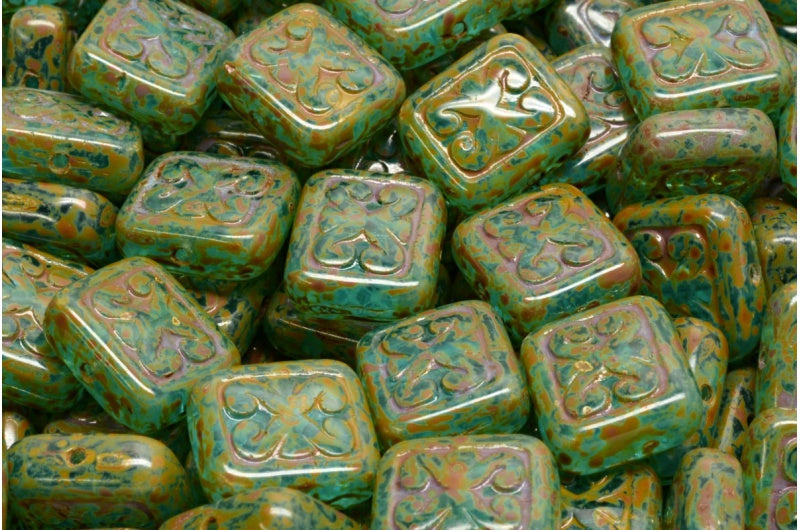 Ornamental Cushion Beads, Transparent Aqua Travertin (60020-86800), Glass, Czech Republic
