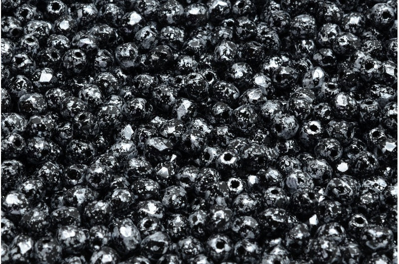 ファセット加工ラウンドビーズ、ブラックツイードシルバー（23980-45702）、ボヘミアクリスタルガラス、チェコ共和国