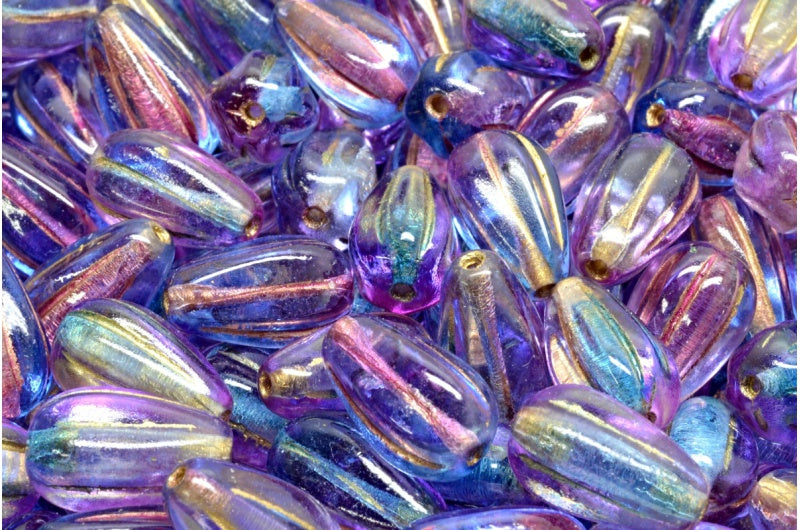 ドロップメロンビーズ、クリスタルゴールドライン、ブルーバイオレット（00030-54302-48002）、ガラス、チェコ共和国