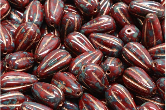 ドロップメロンビーズ、不透明レッドトラバーチン銅裏地（93220-86800-54307）、ガラス、チェコ共和国