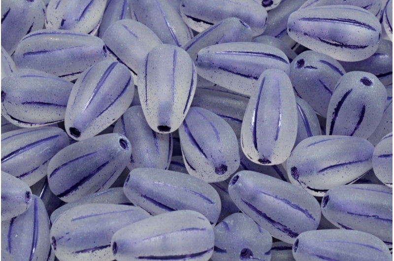 ドロップメロンビーズ、クリスタルマットブルーライン（00030-84100-54325）、ガラス、チェコ共和国