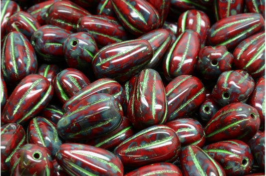 ドロップメロンビーズ、不透明レッドトラバーチン 43813 (93220-86800-43813)、ガラス、チェコ共和国