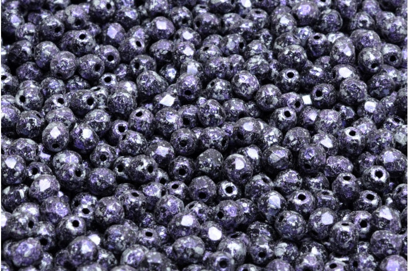 ファセット加工ラウンドビーズ、ブラックツイードバイオレット（23980-45710）、ボヘミアクリスタルガラス、チェコ共和国