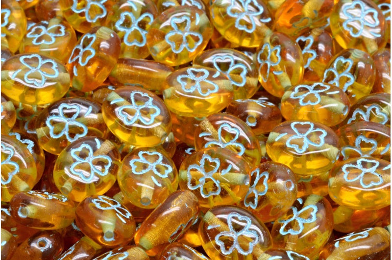 Shamrock Oval Beads, Transparent Orange Light Blue Lined (10060-54308), Glass, Czech Republic