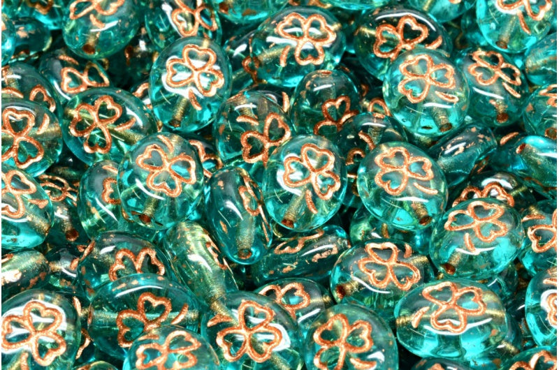 Shamrock Oval Beads Transparent Aqua Copper Lined (60110-54318), Glass, Czech Republic