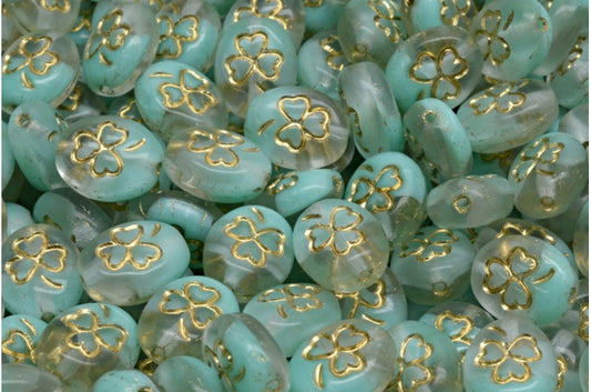 Shamrock Oval Beads Teal Gold Lined (56218-54302), Glass, Czech Republic
