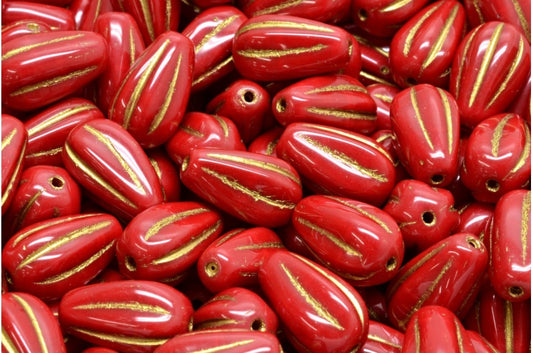 Drop Melon Beads Opaque Red Gold Lined (93220-54302), Glass, Czech Republic