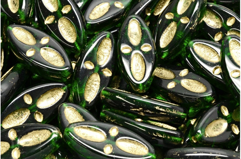 船眼椭圆形珠，透明绿色祖母绿金色内衬 (50150-54302)，玻璃，捷克共和国