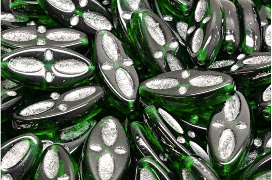 船眼椭圆形珠，透明绿色祖母绿银衬 (50150-54301)，玻璃，捷克共和国