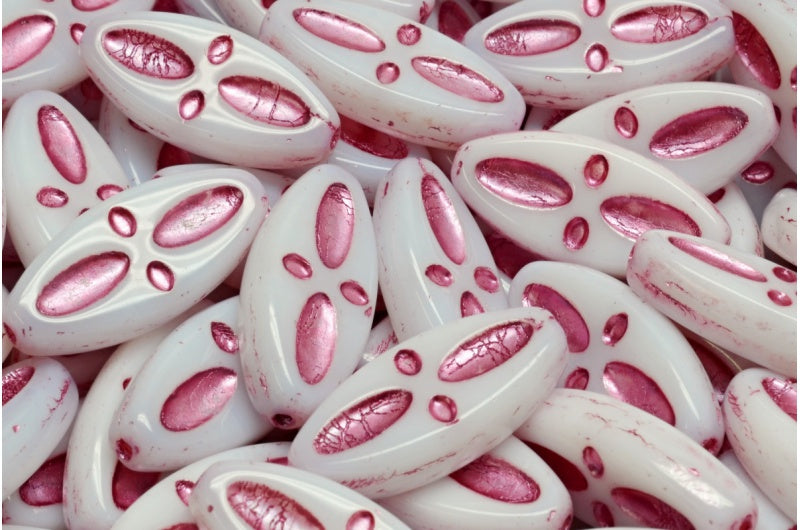 Ship Eye Oval Beads, White Pink Lined (02010-54321), Glass, Czech Republic