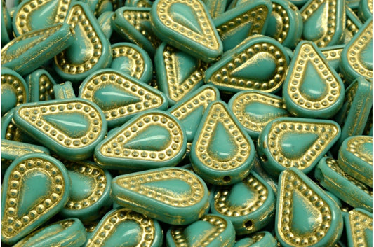 Filigree Teardrop Beads, Turquoise Gold Lined (63130-54302), Glass, Czech Republic