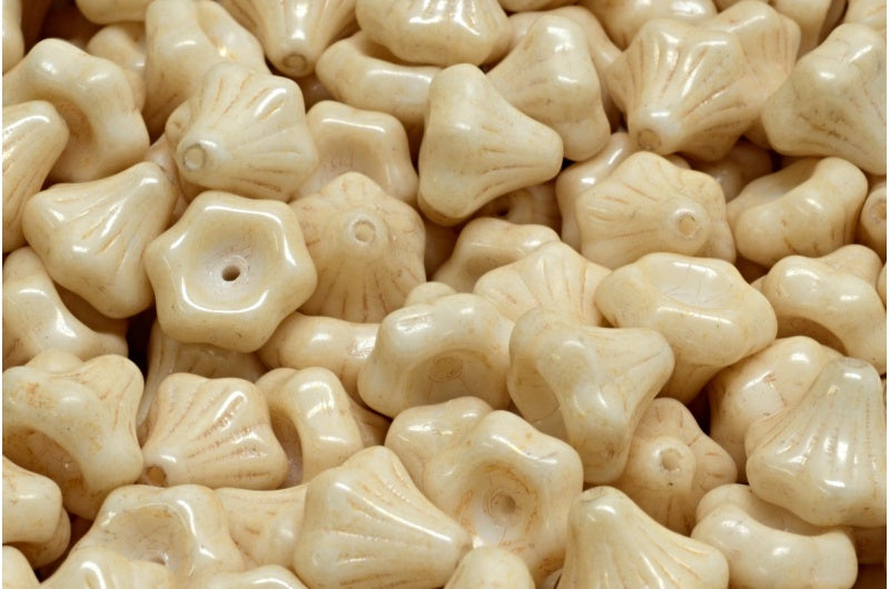 Flower Bell Beads White Luster Brown Full Coated (02010-14413), Glass, Czech Republic