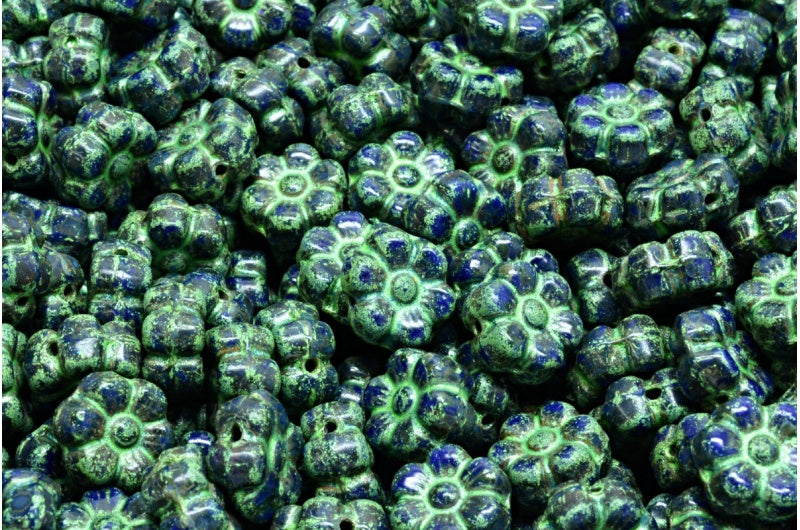 Flat Flower Beads Opaque Blue Travertin 43813 (33070-86800-43813), Glass, Czech Republic