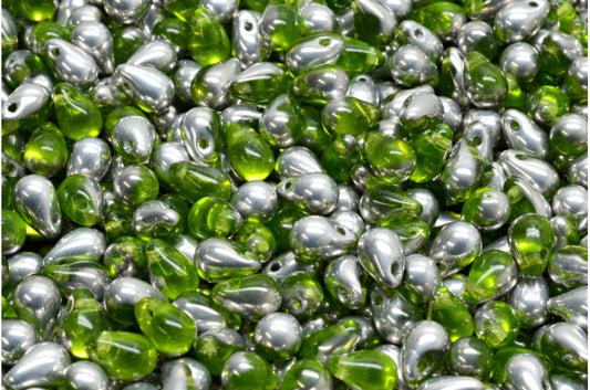 Teardrop beads, Transparent Green Crystal Silver Half Coating (50210-27001), Glass, Czech Republic